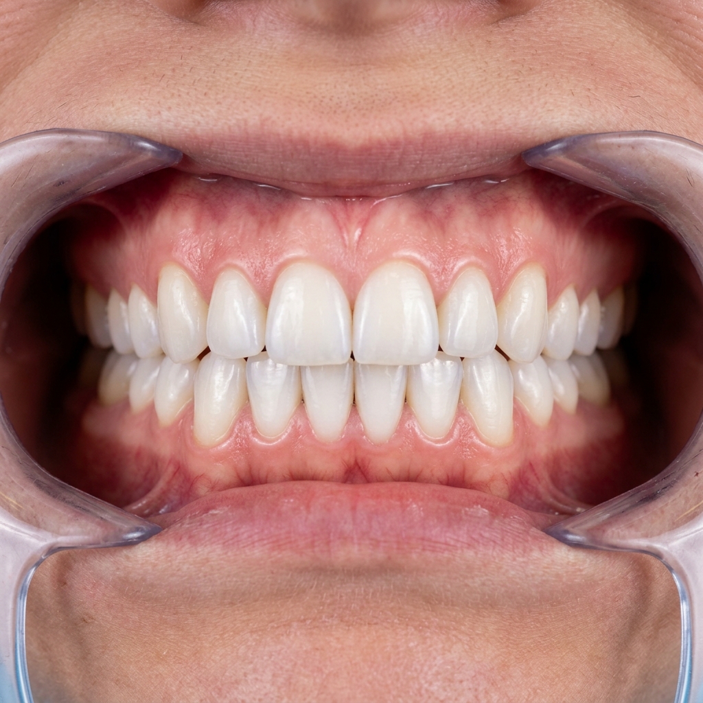 Perfectly aligned bright white teeth after cosmetic dental checkup