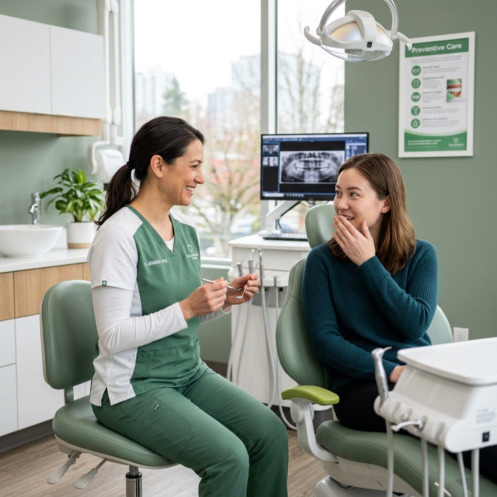 Person covering mouth self-conscious about bad breath, dental checkup concept