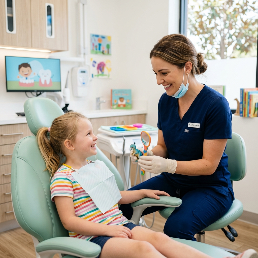 Child sitting comfortably in dental chair during first dental visit at Healthy Smiles Dental Clinic Devarachikkanahalli
