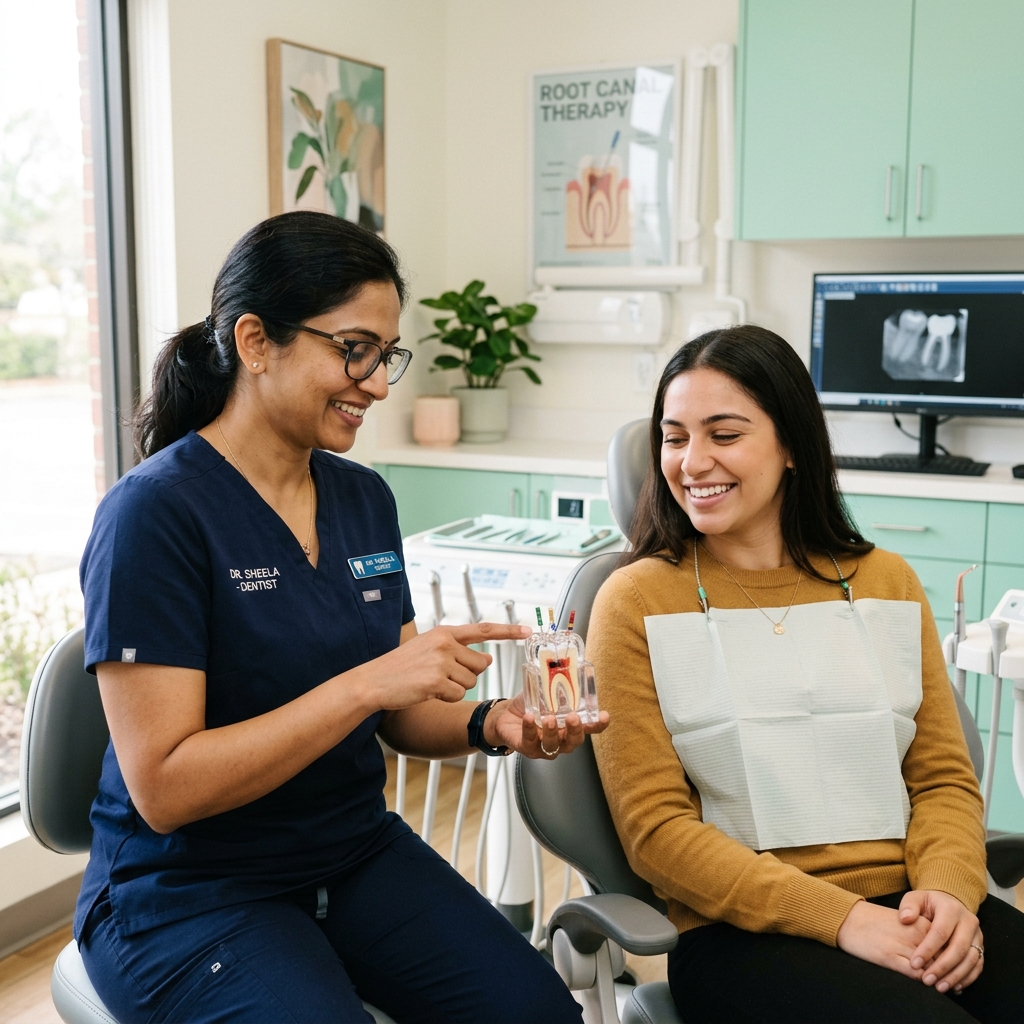 Dentist explaining root canal treatment to a relaxed patient at Healthy Smiles Dental Clinic