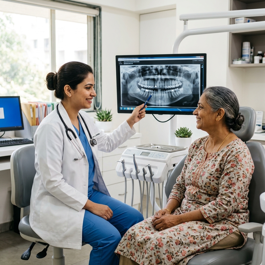 Dr. Sheela explaining dental treatment plan using digital X-ray